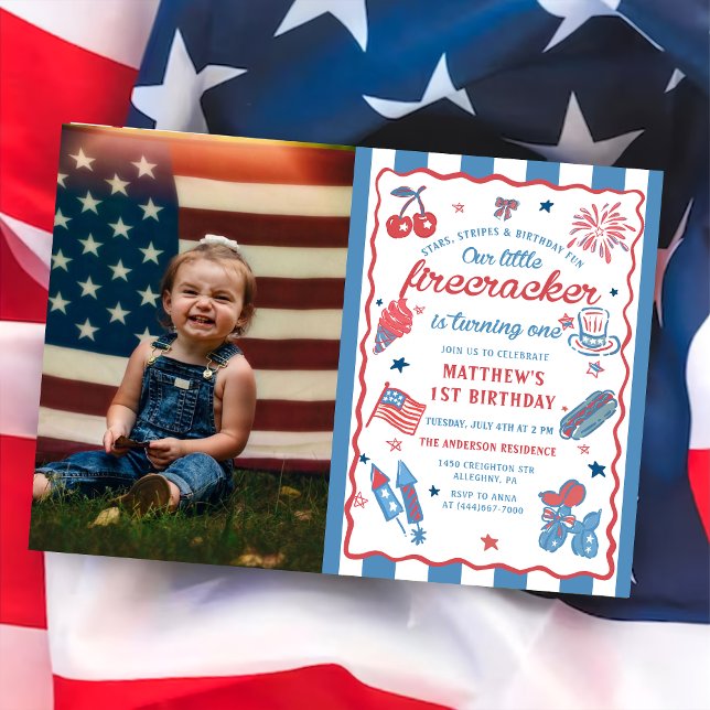 Little Firecracker 4th of July 1st Birthday Photo Invitation (Creator Uploaded)