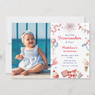Little Firecracker 4th of July 1st Birthday Photo Invitation