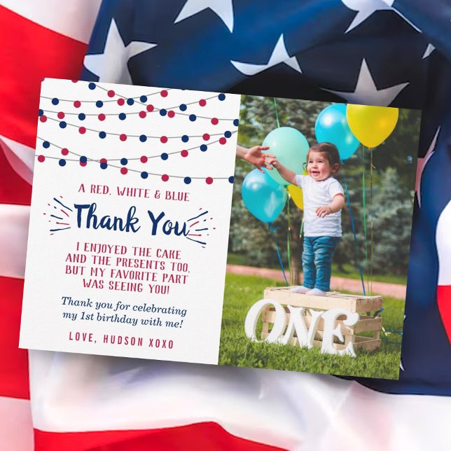 Little Firecracker 4th Of July 1st Birthday Photo Thank You Card (Creator Uploaded)