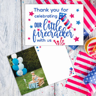 Little Firecracker 4th of July 1st Birthday Photo  Thank You Card