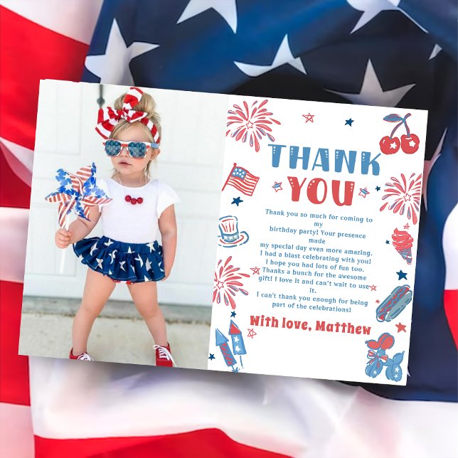 Little Firecracker 4th Of July Birthday Photo Thank You Card (Creator Uploaded)