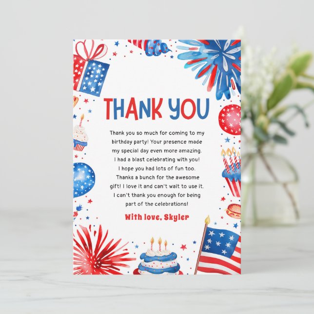 Little Firecracker 4th Of July Birthday Thank you Invitation (Standing Front)