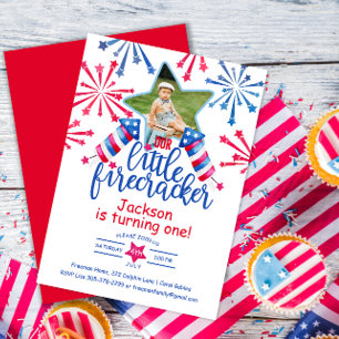 Little Firecracker 4th Of July First Birthday Poto Invitation