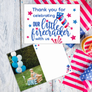 Little Firecracker 4th of July Photo 1st Birthday  Thank You Card