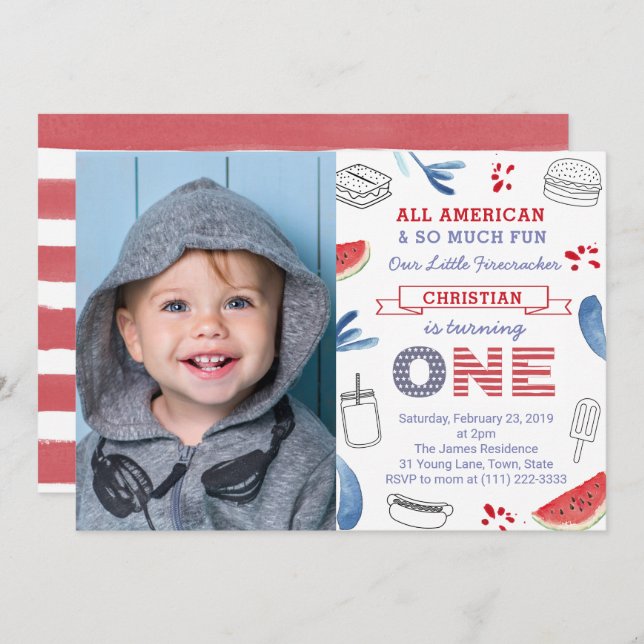 Little Firecracker All-American 1st Birthday Party Invitation (Front/Back)