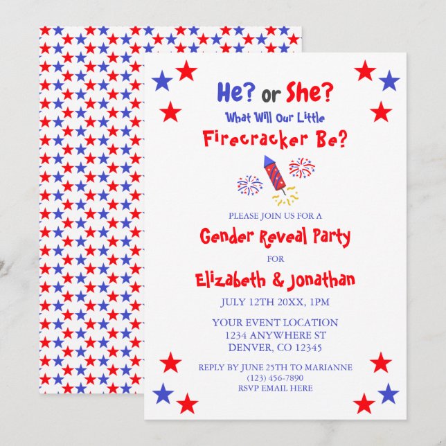 Little Firecracker American Gender Reveal Invitation (Front/Back)