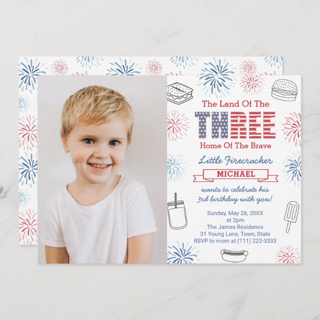Little Firecracker Cookout 3rd Birthday Party Invitation (Front/Back)