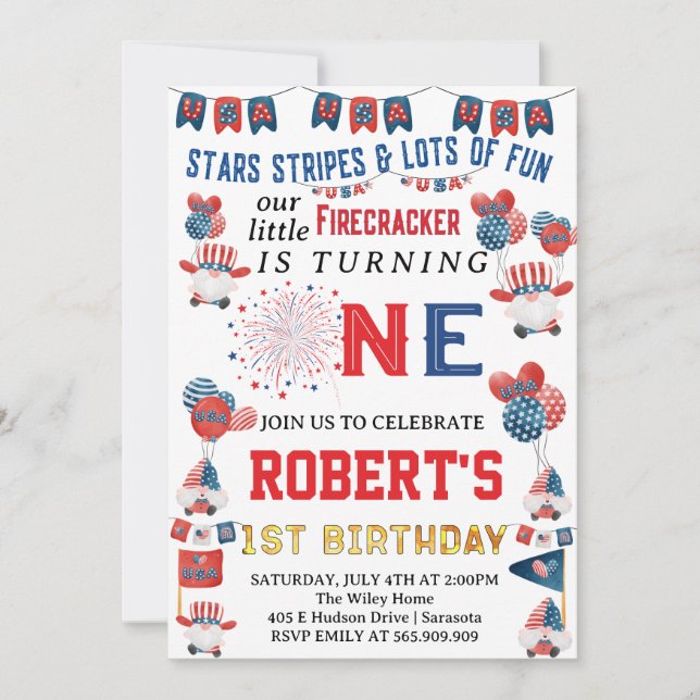 Little Firecracker Gnome 1st Birthday 4th of Jully Invitation (Front)