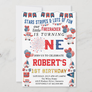 Little Firecracker Gnome 1st Birthday 4th of Jully Invitation