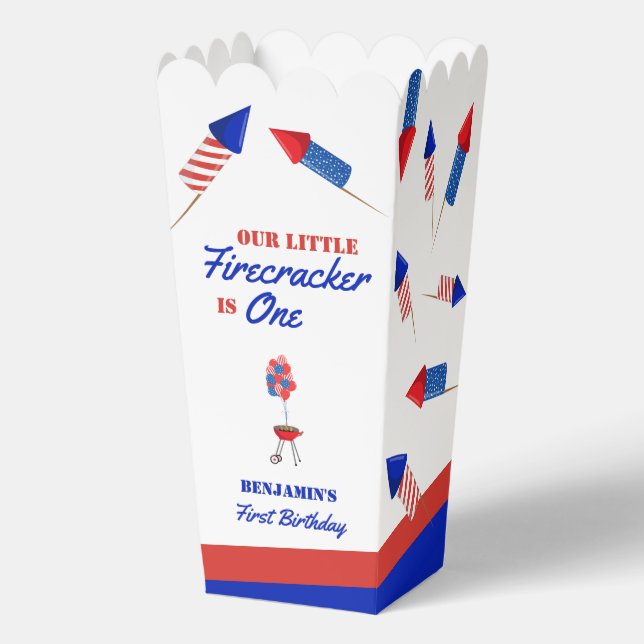 Little Firecracker is One First Birthday July 4th Favour Box (Front)