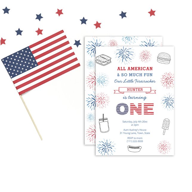 Little Firecracker Red Blue 1st Birthday Party Invitation (Creator Uploaded)
