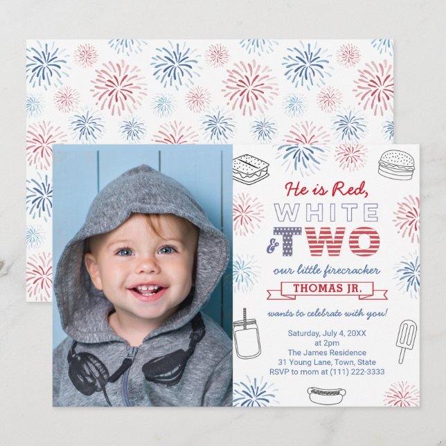 Little Firecracker Red Blue 2nd Birthday Party Invitation (Front/Back)