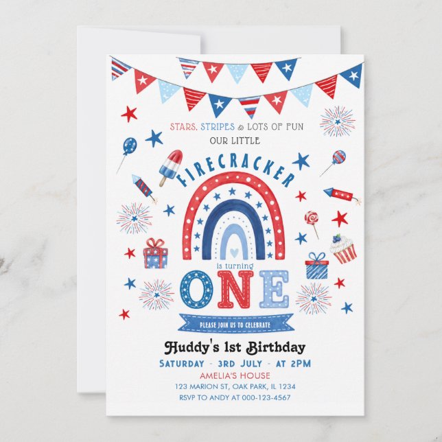 Little Firecracker Red White & Blue Birthday Invitation (Front)