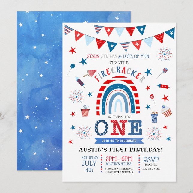 Little Firecracker Red White & Blue Birthday Invitation (Front/Back)