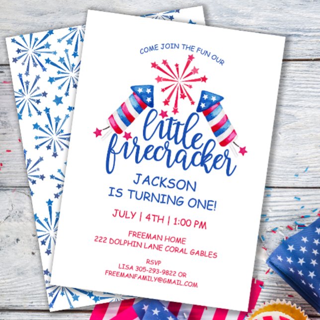 Little Firecracker Watercolor 4th of July Birthday Invitation (Creator Uploaded)