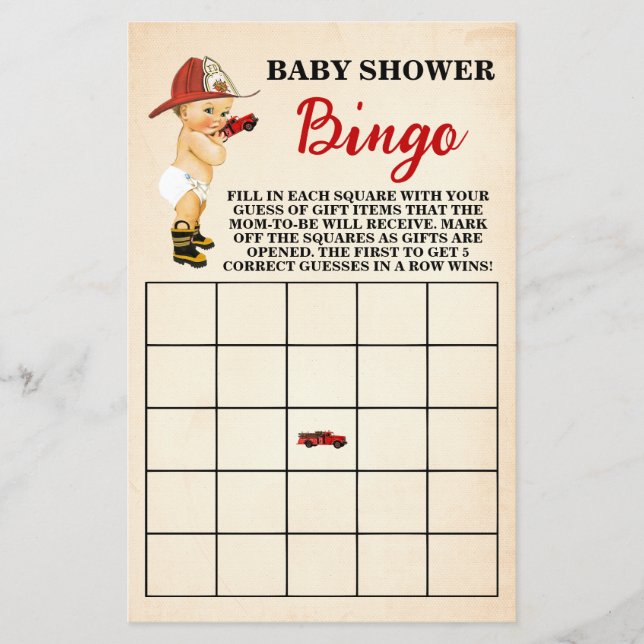 Little Firefighter Baby Shower Bingo Game Card (Front)