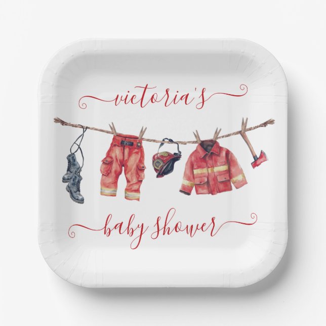 Little Firefighter Baby Shower Clothesline Paper Plate (Front)