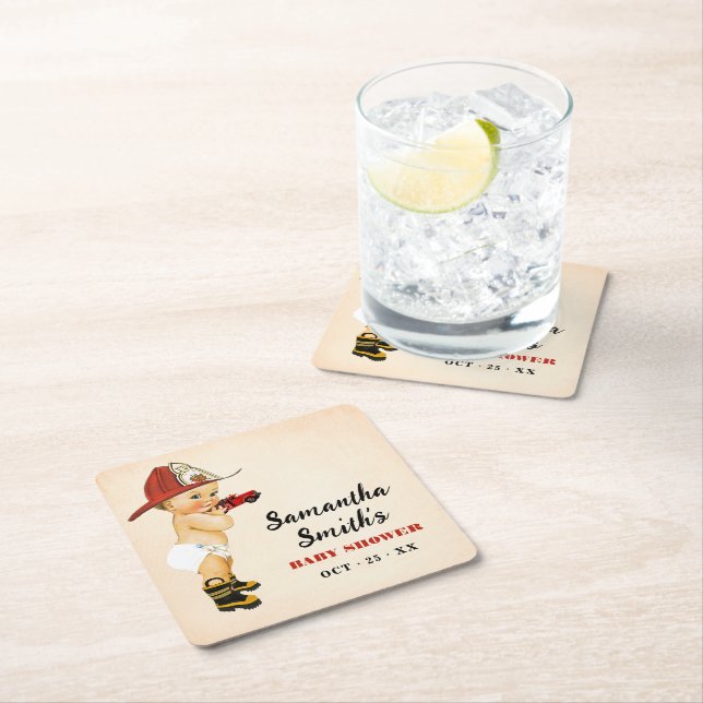 Little Firefighter Baby Shower Party Decor Square Paper Coaster (Insitu)