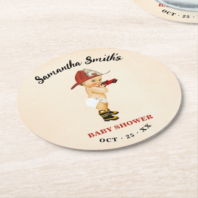 Little Firefighter Baby Shower Round Paper Coaster (Angled)