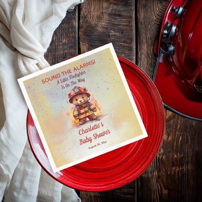 Little Firefighter Teddy Bear Baby Shower  Napkin (Sound the Alarms!  A Little Firefighter Is On The Way Cute Teddy Bear Baby Shower Paper Napkins)