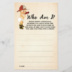 Little Firefighter Who am I Baby Shower Game Card