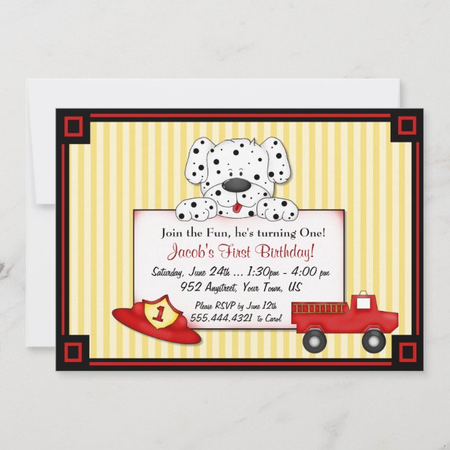 Little Fireman First Birthday Invitation (Front)