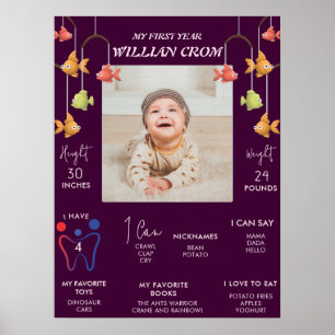 Little Fish Crimson 1st Year Birthday Milestone Poster