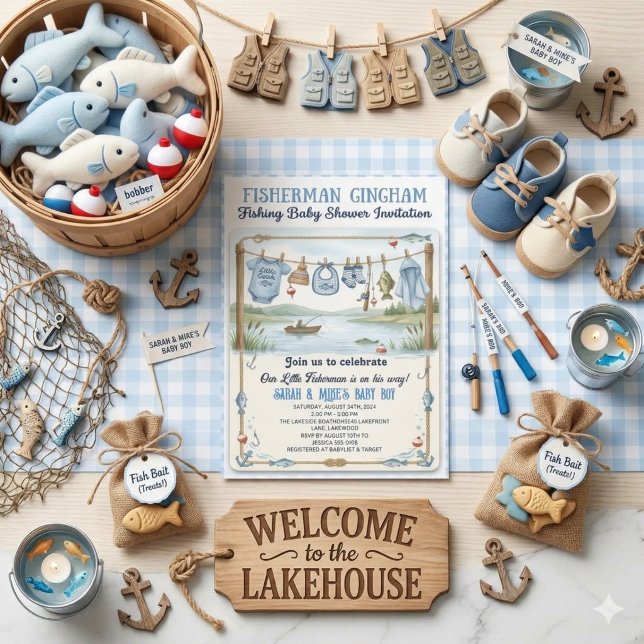  Little Fisherman Blue Gingham Fishing Boy Invitation (Creator Uploaded)