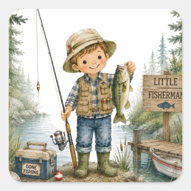Little Fisherman Boy Birthday Party Square Sticker (Front)