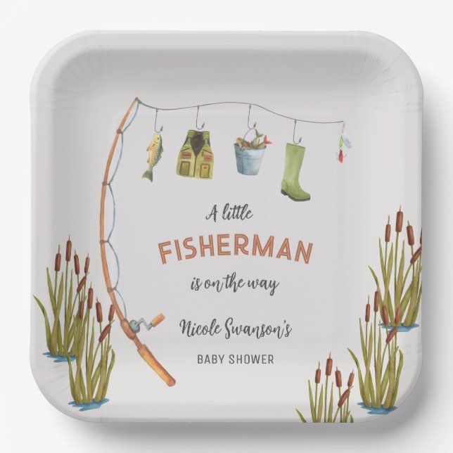 Little Fisherman Fishing Baby Shower Paper Plates (Front)