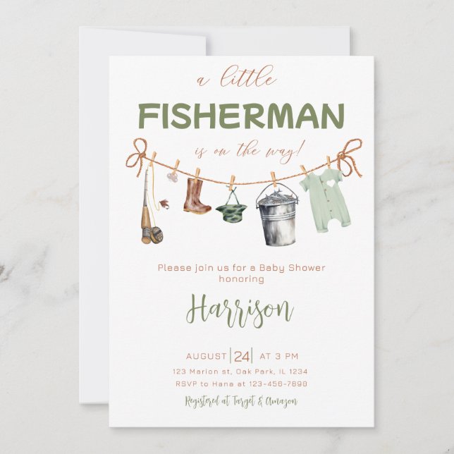 Little Fisherman Fishing Clothesline Baby Shower Invitation (Front)