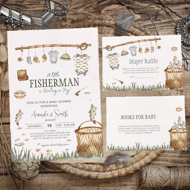 Little Fisherman Watercolor Fishing Baby Shower Invitation (Creator Uploaded)