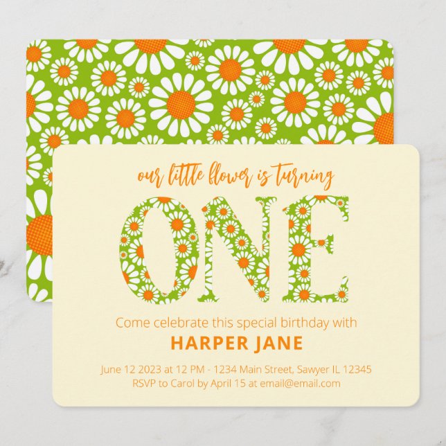 Little Flower Cute Daisy First Birthday Invitation (Front/Back)