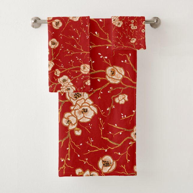 Little flowers on red pattern bath towel set (Insitu)