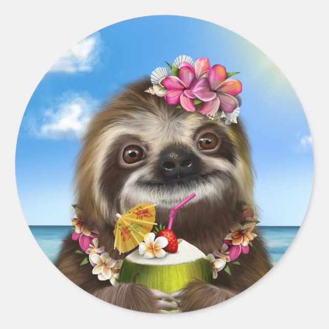 Little fluffy Sloth with a coconut cocktail Classic Round Sticker (Front)
