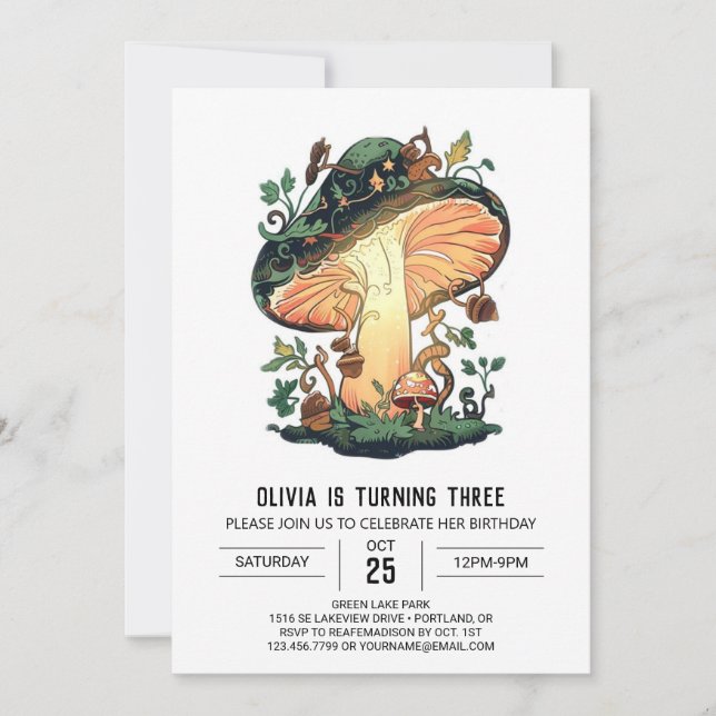 Little Forest Digital Mushroom Birthday Invitation (Front)