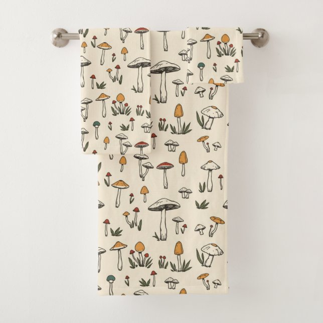 Little Forest Mushrooms on a Beige Background Bath Towel Set (Insitu)