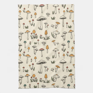 Little Forest Mushrooms on a Beige Background Tea Towel
