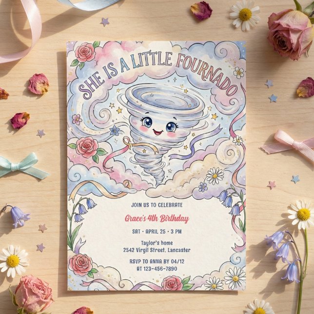 Little Fournado Cute Tornado Girl Birthday Party Invitation (Little Fournado Cute Tornado Girl Birthday Party Invitation)