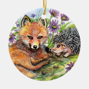 Little Fox And Hedgehog Ceramic Tree Decoration