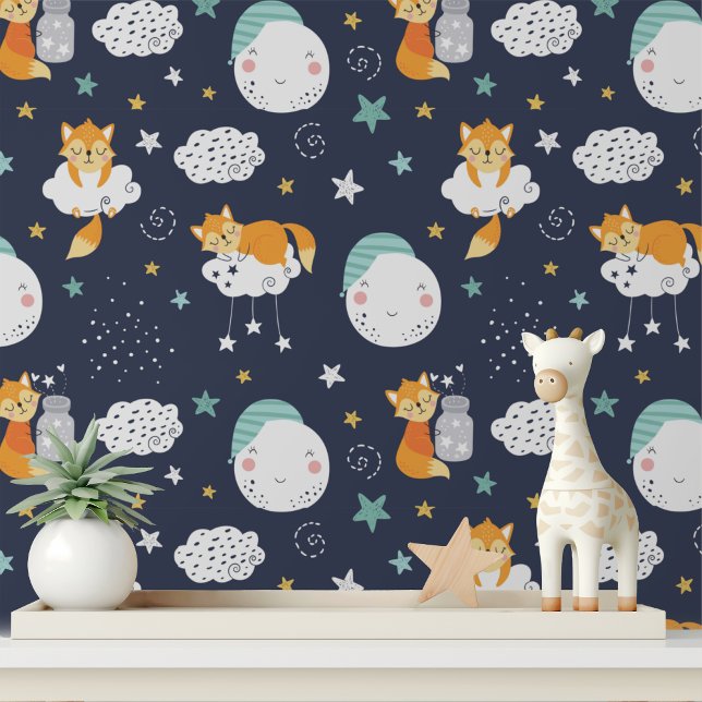 Little Fox Cute Moon Stars Kids Pattern Wallpaper (Creator Uploaded)