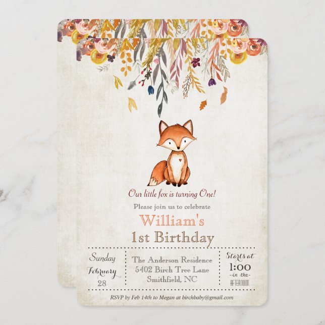 Little Fox Fall 1st Birthday Invitation (Front/Back)