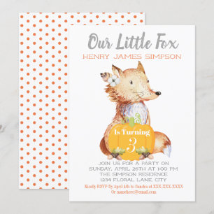 Little Fox Fall Harvest Pumpkin Thirds Birthday Invitation
