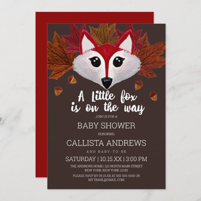 Little Fox Fall Red Brown Watercolor Baby Shower Invitation (Front/Back)