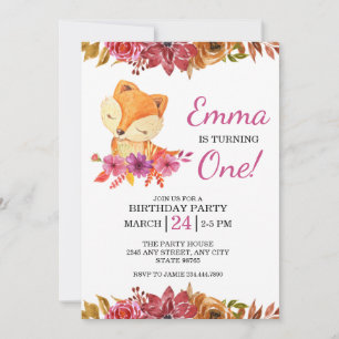 Little Fox Floral 1st Birthday Party Invitation