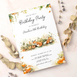 Little fox in a pumpkin patch birthday invitation
