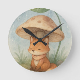 Little Fox in the Rain Round Clock