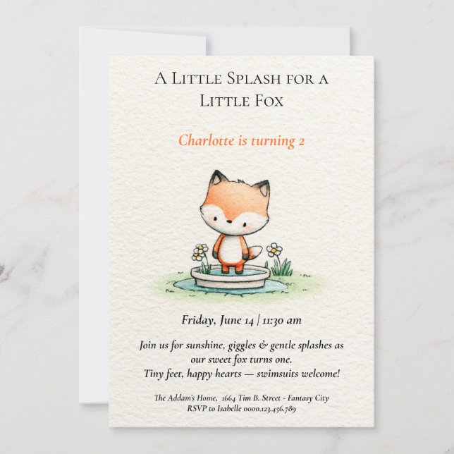 Little Fox Pool Party Birthday Invitation  (Front)