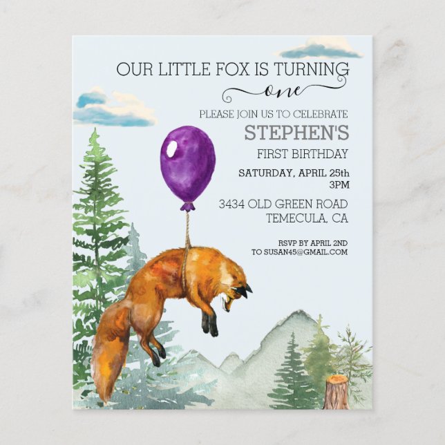Little Fox Watercolor Woodland Forest Birthday   (Front)