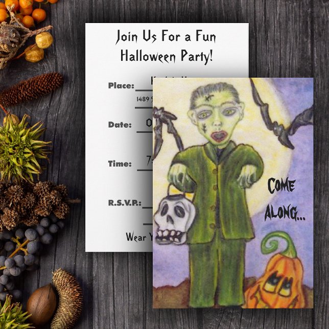 Little Frankenstein Custom Halloween Invitatation Invitation (Little Frankenstein with skull, pumpkin and bats in full moon on Halloween party invitations.)